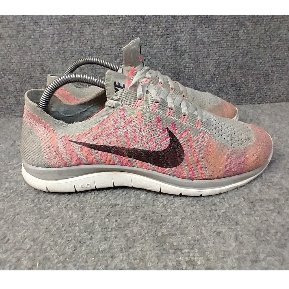 Nike Free 4.0 Flyknit Running Shoes Women Size 8 Grey Pink Orange 631050-008